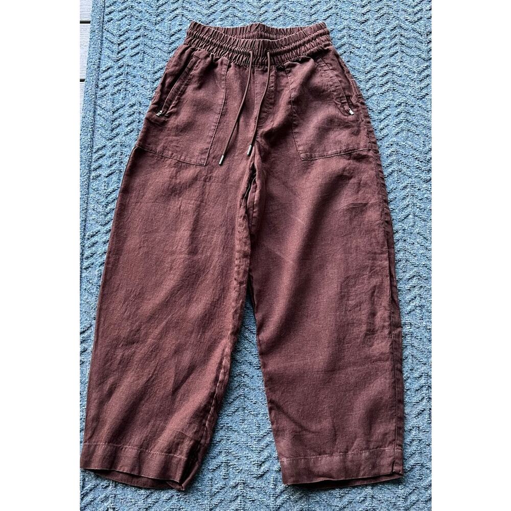 Athleta Retreat Wide Leg Linen Hi-Rise Pull On Pants Chocolate Brown Sz. XXS - Picture 3 of 7